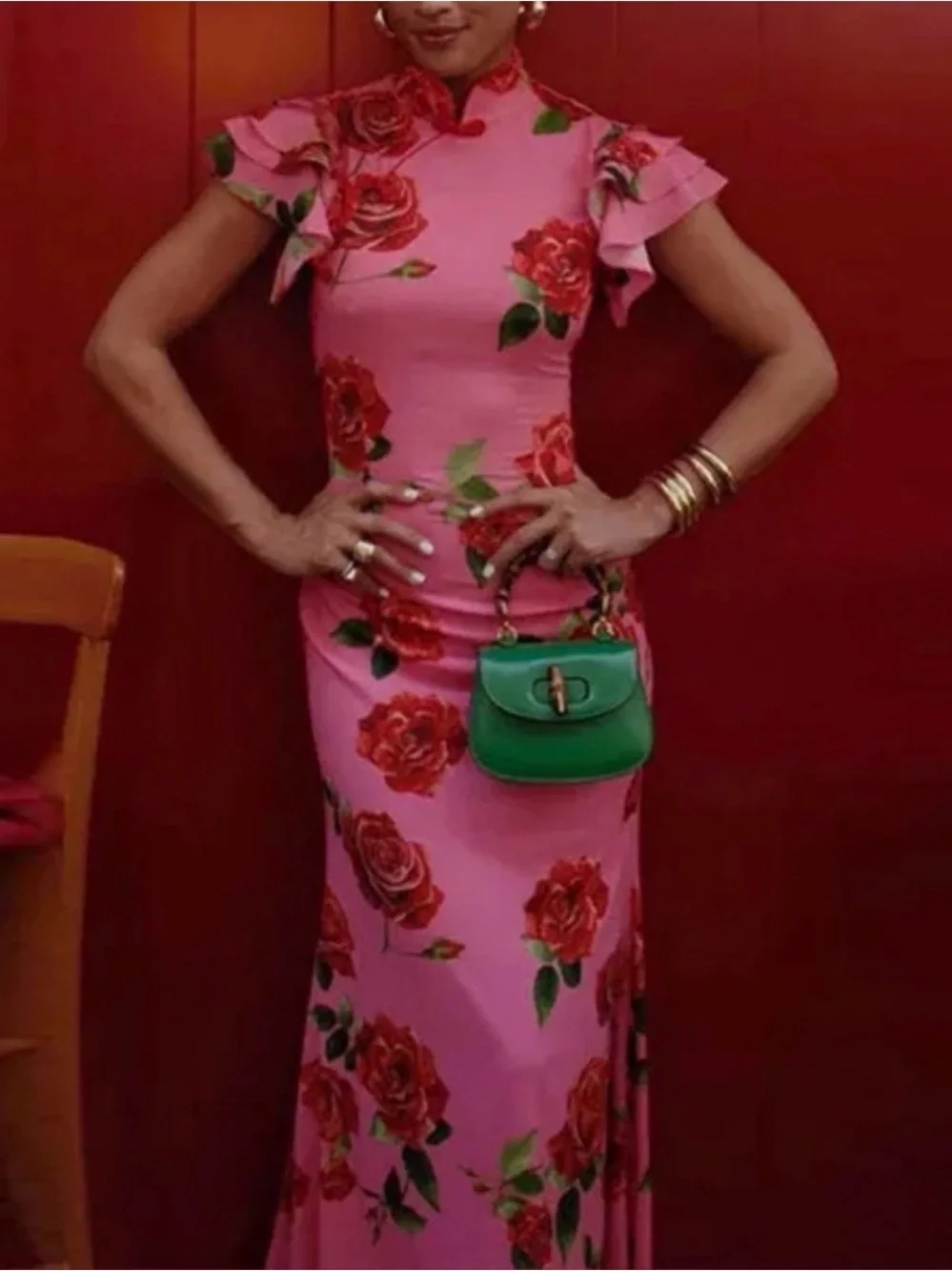 Pink Floral Maxi Dress with Mandarin Neck